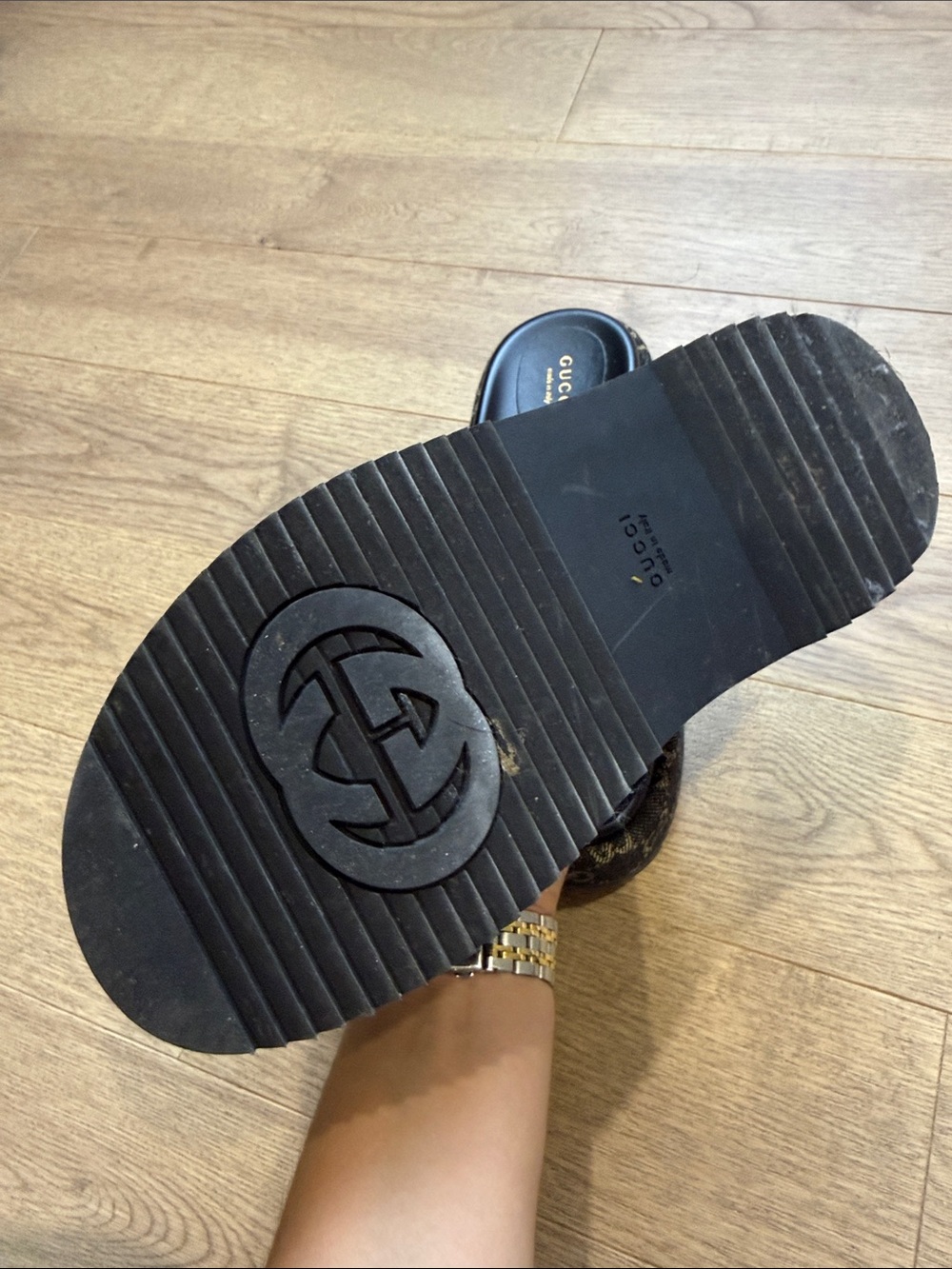 Gucci Beige/blue (Jean look) GG Canvas Platform Slides - Picture 3 of 4